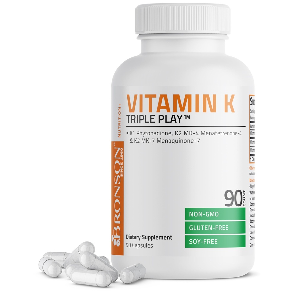 Bronson vitamina K Triple Play (Vitamin K2 MK7 / Vitamina K2 MK4 / Vitamina K1) Full Spectrum Complex Vitamin K Supplemento, 90 capsule