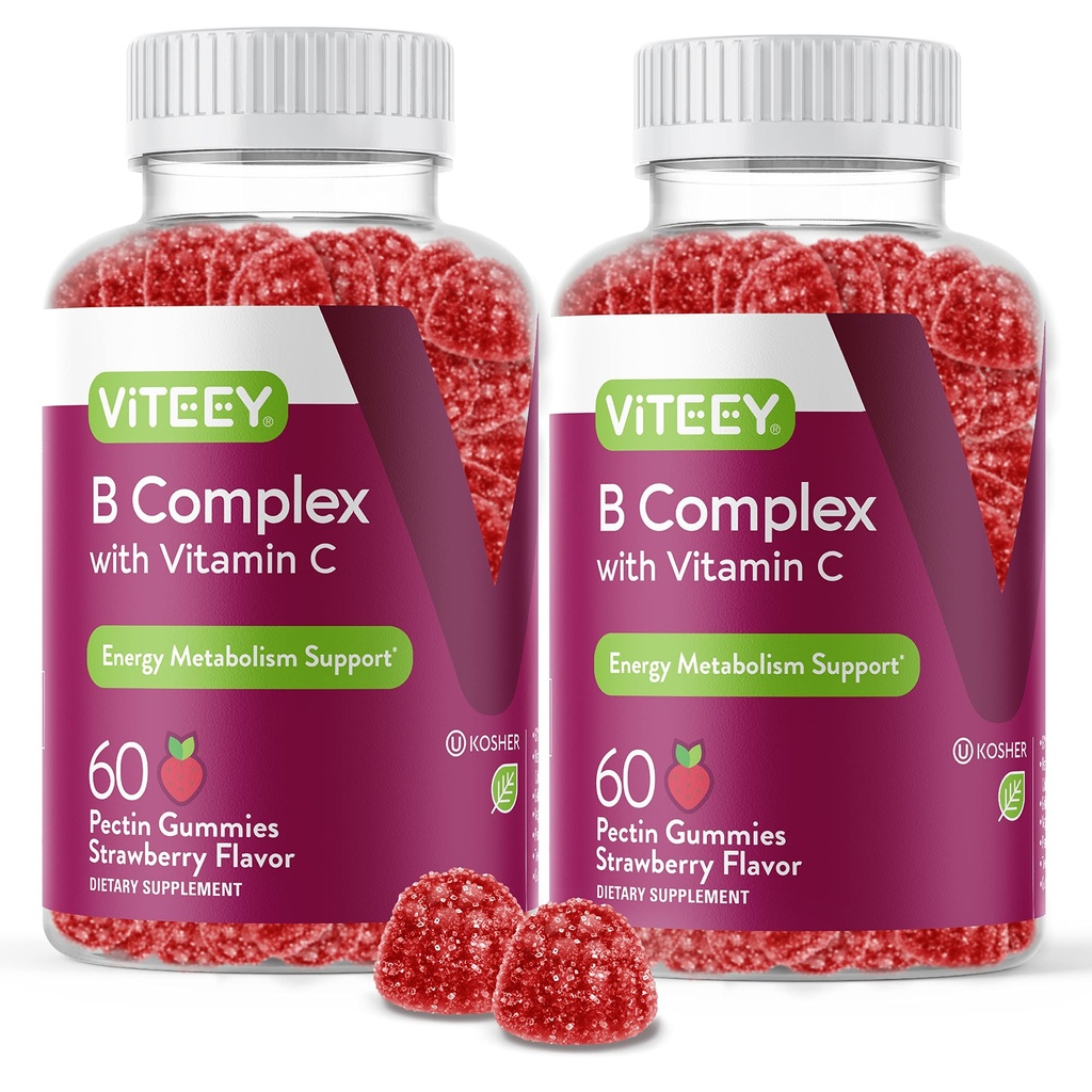 Viteey Vitamin B Complex Gummies con Vitamina C - Energia, Metabolismo e Supporto Immune - B6, B12, Niacin, Acido Folico, Biotina, Calcio - Vegan, Gluten-Free - 120 Count
