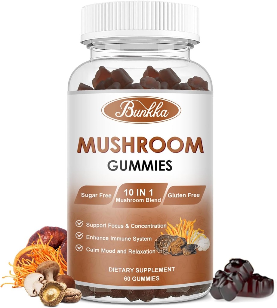 Organic Mushroom Gummies 10 Blend - Mushroom Complex - Supporto immunitario, Energy - Integratore di funghi per uomini e donne, 60 Gummies