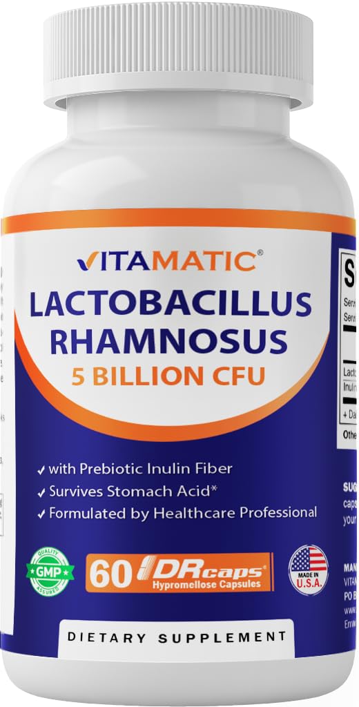 Vitamatic Lactobacillus Rhamnosus 5 miliardi per DR Capsule (10 miliardi per 2 capsule) - 60 Count - Supporto Digestivo Avanzato e Immune - Realizzato con fibra di Inulina Prebiotica