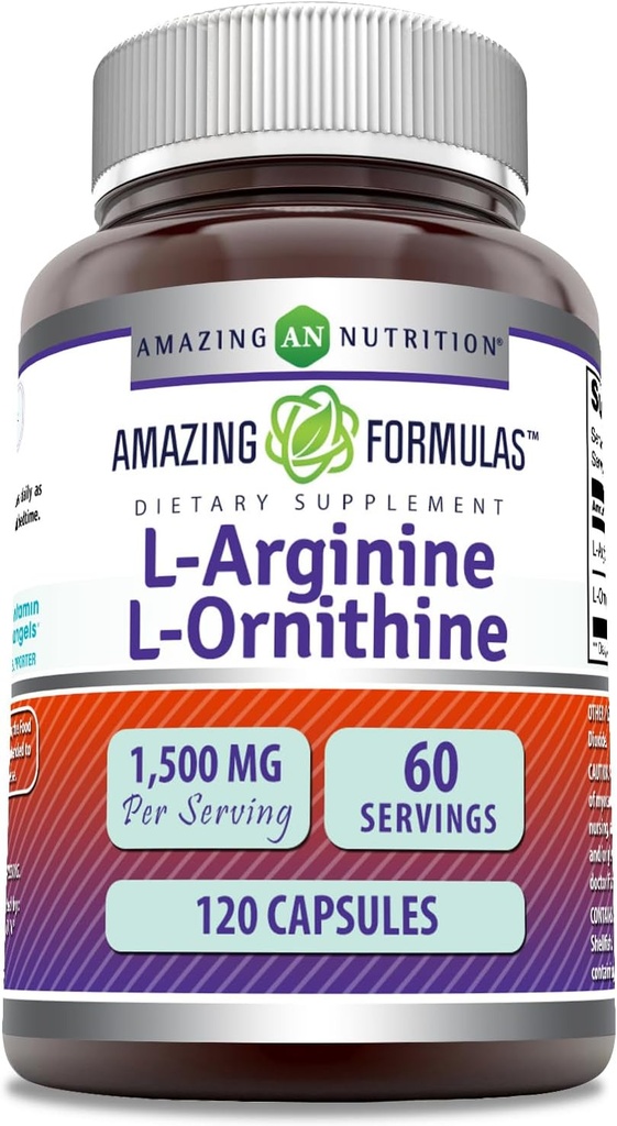 Formula stupefacente L-Arginina/L-Ornithine 1500 Mg per il servizio, capsule | Non-GMO | Gluten Free | Aminoacido supplemento (120 conte)