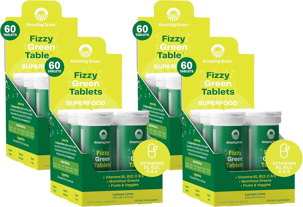 Stupefacente Grass Fizzy Green Tablets Superfood Limone Lime: Green Superfood Water Flavoring Tablet with Antioxidants & Alkalizing Greens, 60 Count (Packaging May Vary) (Pack of 4)