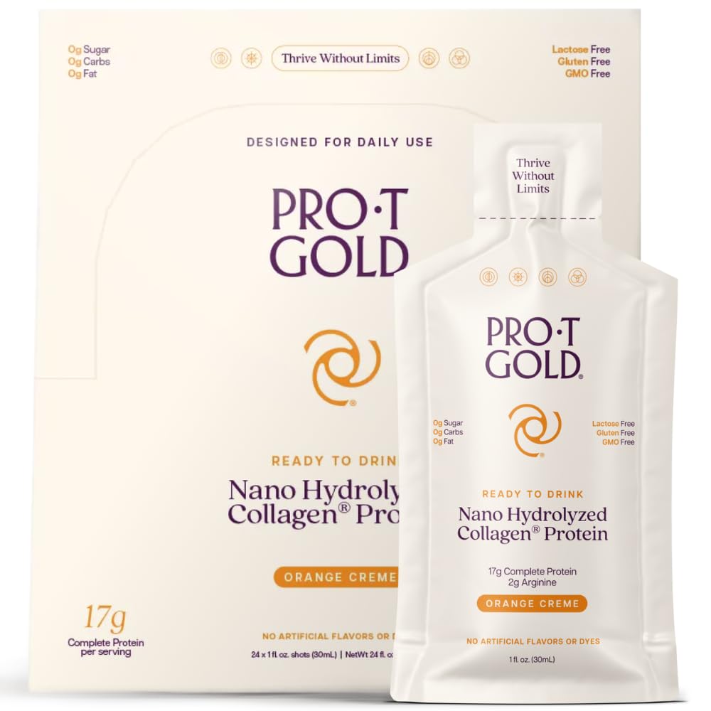 ProT Gold Liquid Collagen Protein Shot, 17g Clear Protein Nano-Hydrolyzed Grass Fed Collagen, 2g Arginina per il supporto del tessuto, senza glutine, senza zucchero, 0g Carbs, Orange Creme, 1 fl oz, 24 Pack