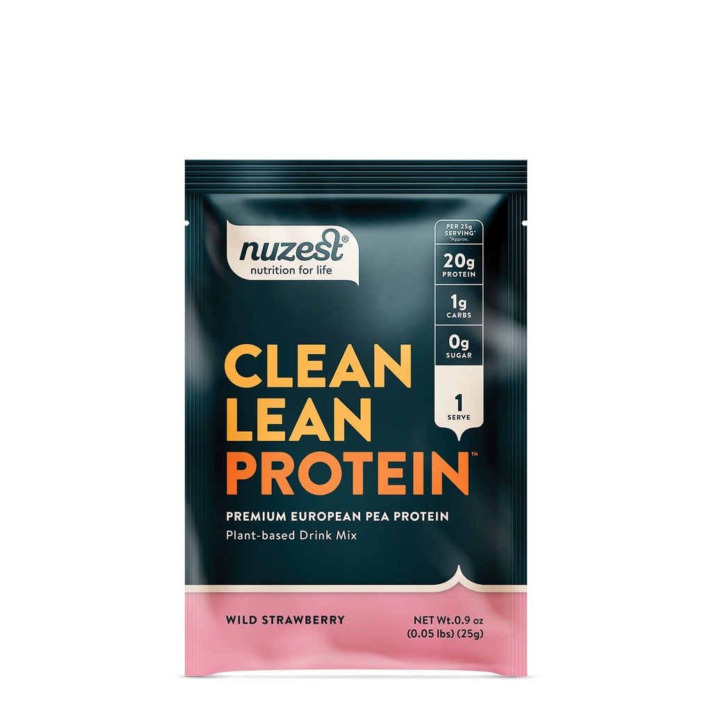 Nuzest - Pea Protein Powder - Clean Lean Protein, Premium Vegan Plant Based Protein Powder, Dairy Free, Gluten Free, OGM Free, Naturally Sweetened Protein Shake, Wild Strawberry, 1 Serving, 0,9 oz