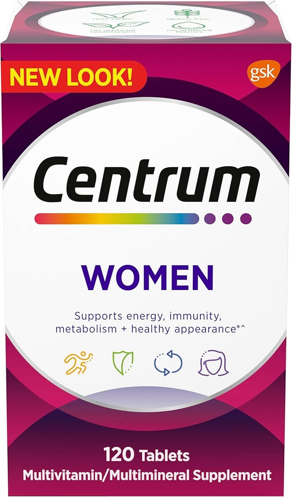 Centrum Multivitamina per le donne, Multivitaminico/Multiminerale Supplemento con Ferro, Vitamina D3, B Vitamine e Vitamine Antiossidanti C ed E, Gluten Free, Ingredienti Non OGM - 120 Conte