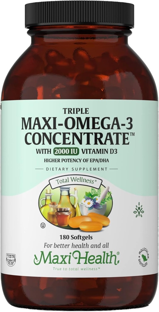 Omega 3 Supplemento - Omega-3 Olio di pesce Triple Concentrato con vitamina D3 - Potente fonte di acidi grassi EPA/DHA - Cuore, Cervello, Salute comune - Kosher certificata Pesce marino di Caught selvaggio - 180 Softgels
