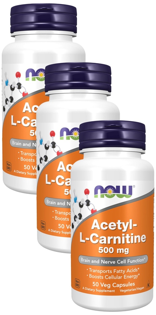 NOW Integratori, Acetil-L Carnitina 500 mg, Aminoacido, cervello e Nerve Funzione cellulare*, 50 capsule di Veg (pacchetto di 3)