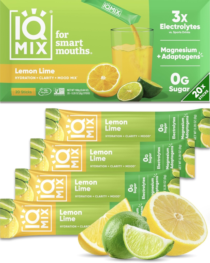 IQMIX Hydration Electrolyte Powder – Formula 4-in-1 per l'idratazione, la consistenza mentale, l'umore e il recupero – Miscela di bevanda senza zucchero, Keto, Magnesio L-Threonate, Mane del leone – 20 Conte Lime di limone