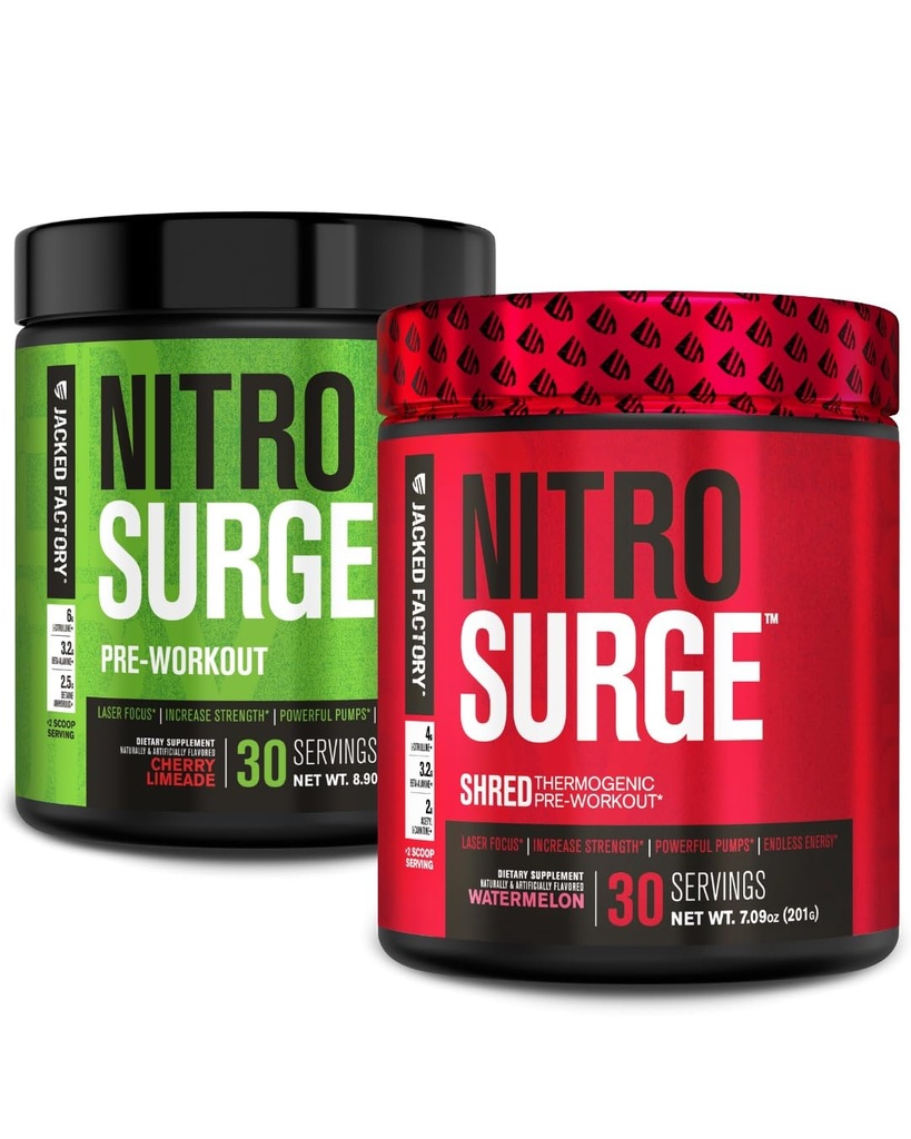 Jacked Factory Nitrosurge Pre-Workout in Cherry Limeade & Watermelon Nitrosurge Shred Thermogenic Pre-allenamento per uomini e donne