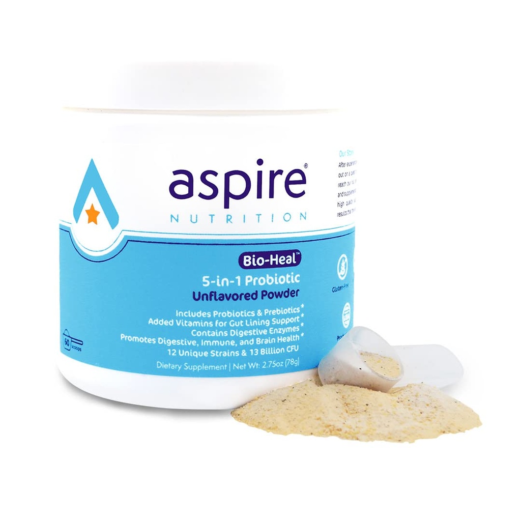 Aspire Nutrition 5-in-1 Bio-Heal® Probiotico per bambini, uomini e donne - Miglior integratore per la funzione cerebrale, Gut Health & Constipation - Shelf Stable & Fortified with Vitamin, Mineral & Prebiotics - Polvere