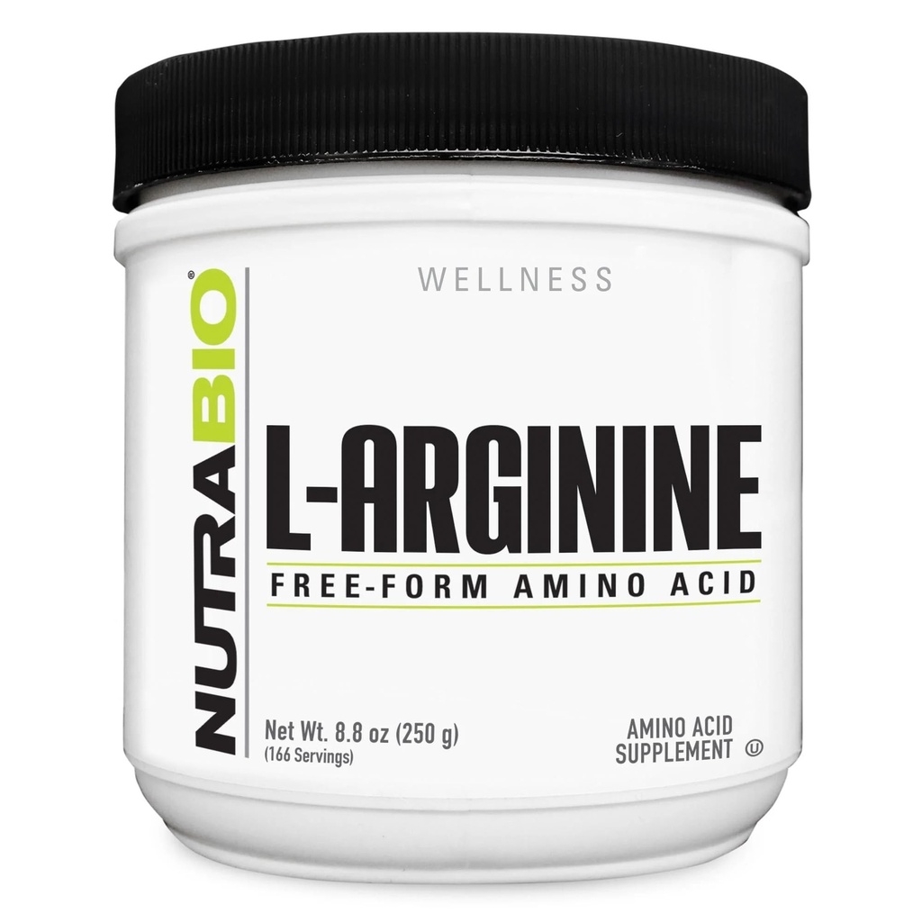 NutraBio L-Arginina Supplemento, 750mg Precursore Nitrico Ossido, Supporta il flusso sanguigno, la salute vascolare e la crescita muscolare, 250g