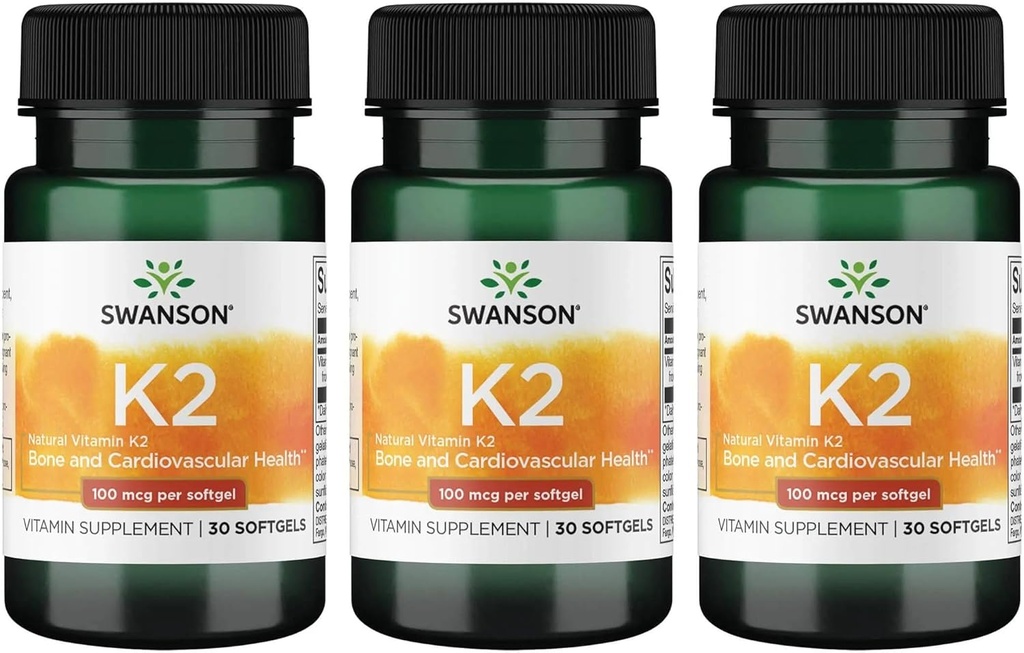Swanson Vitamin K2 (Menaquinone-7) - Integratore di vitamina che supporta la salute cardiovascolare e ossa - Realizzato da Natto giapponese per aiutare a regolare il calcio - (30 Softgels, 100mcg Ogni) (3 Pack)