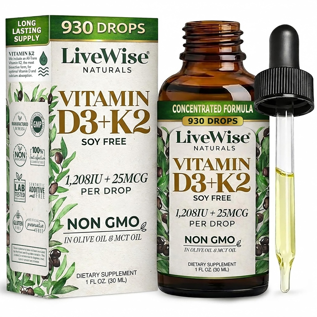 Vitamina D3 con K2 Gocce Liquide, Tutto Naturale, Non OGM, 1208iu D3 e 25mcg K2 (mk7) per Serve, Sostenere le vostre ossa, Sistema Immune e livelli di energia, con o senza olio di menta piperita