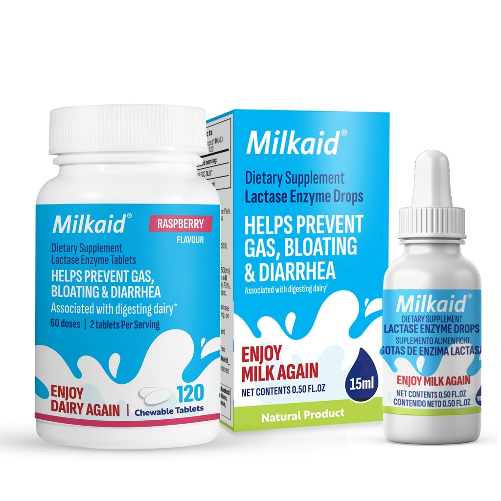 Milkaid Lactase gocce di enzima compresse per sollievo dall'intolleranza al lattosio | Previene il gas, Bloating & Diarrea | Supplemento digestivo alla lattiera | 0.5 Fl Oz & 120 compresse aromatizzate al lampone