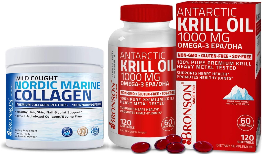 Bronson Marine Collagen Peptides Hydrolyzed Protein Powder + Antarctic Krill Oil 1000 mg con Omega-3s EPA DHA