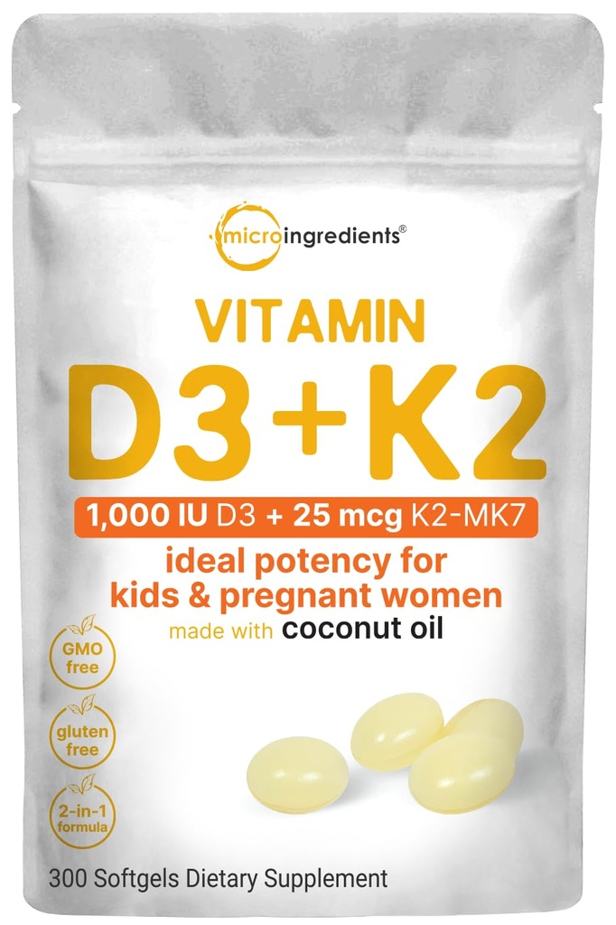 Micro Ingredienti Vitamina D3 1.000 IU + K2 MK-7 25 mcg, 300 Softgels | Virgin Coconut Oil | 2-in-1 Bone, Immune & Heart Support | Facile da ingoiare, Non OGM