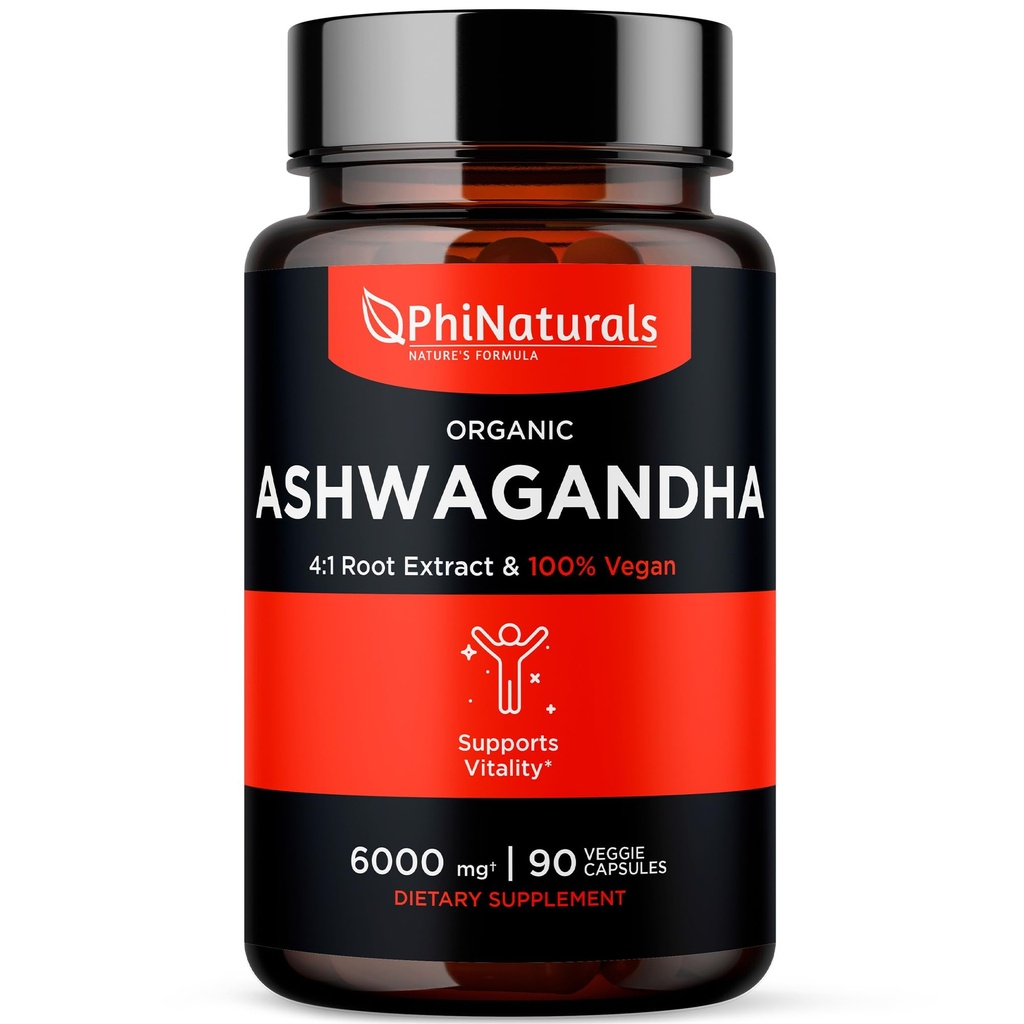 Estratto di radice di Ashwagandha organico di PhiNaturals in capsule vegane Uguale a 6000 Mg Root - Supplemento di Ashwaganda per gli uomini e le donne con 1500 Mg Per Serving 30 - 500mg Per Vegan Capsule 90 Count