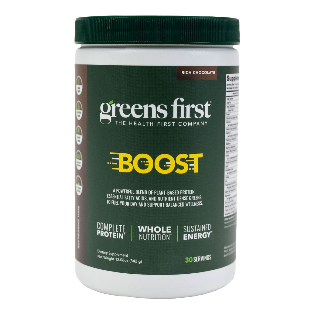 Greens First Boost - Proteine e Nutrizione Equilibrata - Superfood Shake Mix - No Wheat or Soy - Dairy-Free - Vegan - Cioccolato Olandese, 12.28 oz.