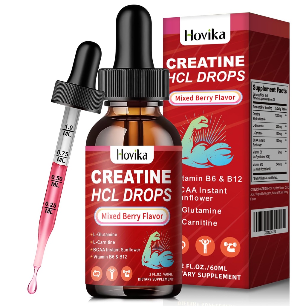 Gocce liquide HCL di creatina per gli uomini e le donne, cloridrato di creatina con L-carnitina, L-Glutamina, BCAA, vitamina B12 & B6 per la crescita del muscolo & Recovery-Vegan, aroma di Flavor di bacche miste, 2 Fl Oz