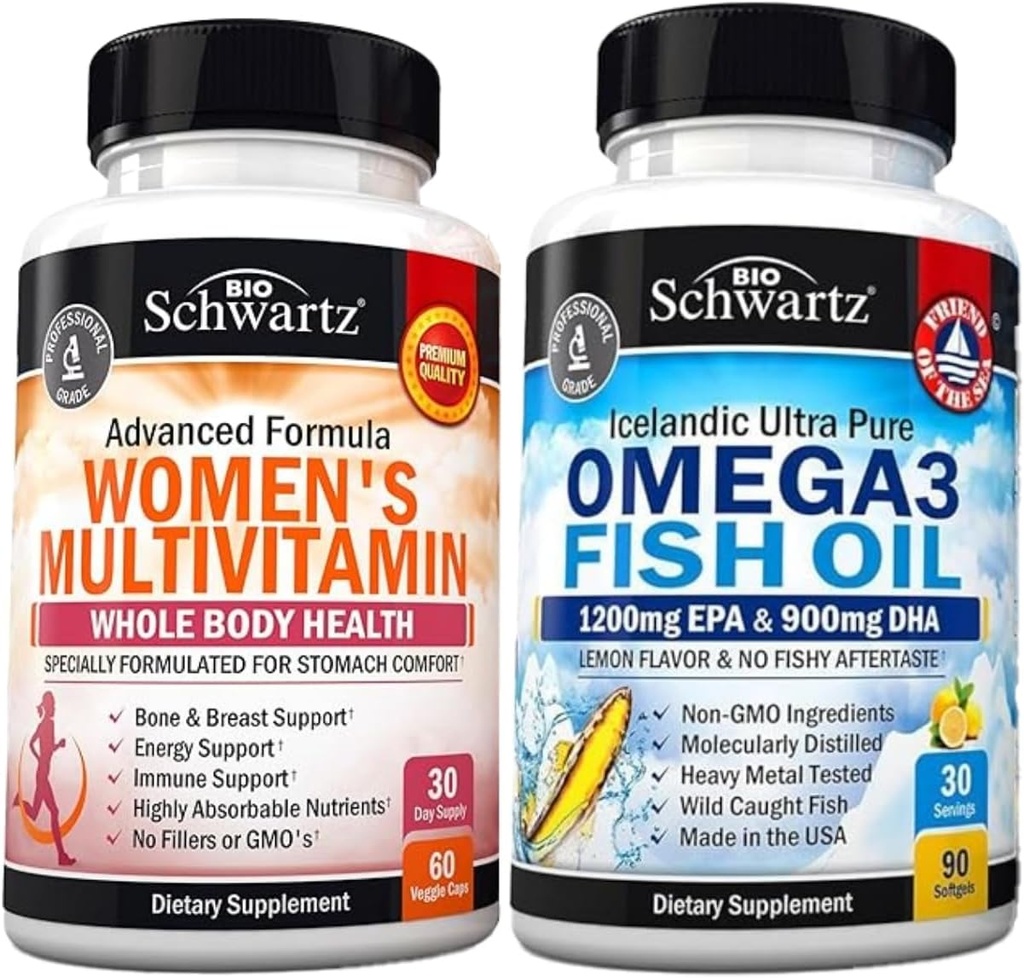 Multivitaminico giornaliero per le donne capsule (1 mese di fornitura) Plus Triple Strength Omega 3 Fish Oil Softgels (1 mese di fornitura)