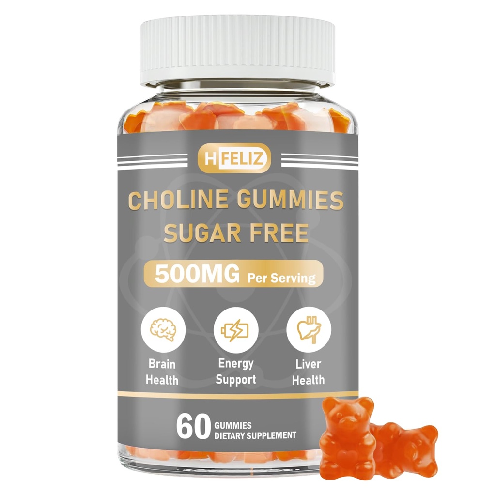 Choline Supplement Gummies Sugar Free, 500mg Choline Bitartrate Per Serving, Brain Health, Liver Support, Focus & Energy, 60 Gummies