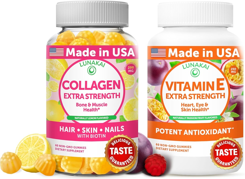 Lunakai Collagen e Vitamina E Gummies Bundle - Integratori Anti OGM per Uomini e Donne - Gomma Naturale con Vitamina C & 250 mg VIT naturale E