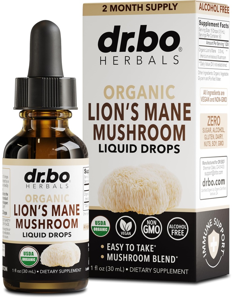 Leoni Mane Mushroom Supplement Drops - Organic Lion's Mane Mushroom Liquid Tincture for Focus, Fog Brain Health Supplements - Vegan Herbal Nervine Nootropic Organic Lions Liquid Supplement Extract 1oz