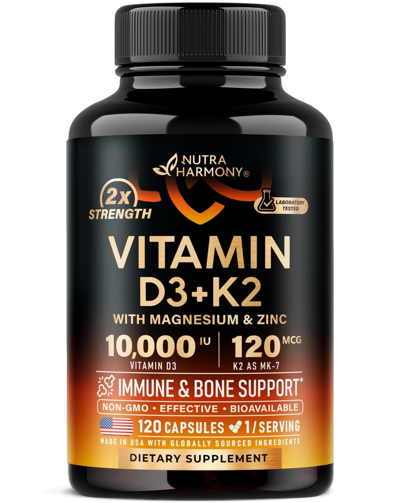 Vitamina D3 K2 - Vitamina D3 10000 iu & K2 come MK-7 120 mcg - Supporto Immune & Mood, per Bone & Denti Salute - con Magnesio, Zinc & Vitamina C & B12 - Altamente Biodisponibile - Made in USA, 120 Capsule