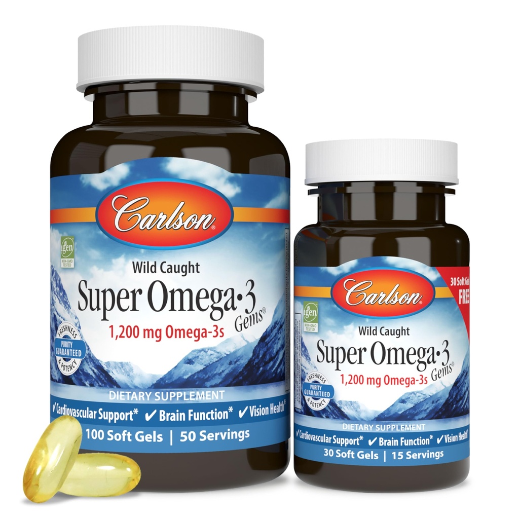 Carlson - Super Omega-3 Gems, 1200 mg Omega-3 acidi grassi con EPA e DHA, Wild-Caught Norvegese supplemento, Sustainable Sourced Fish Oil Capsules, Omega 3 Integratori, 100+30 Softgels