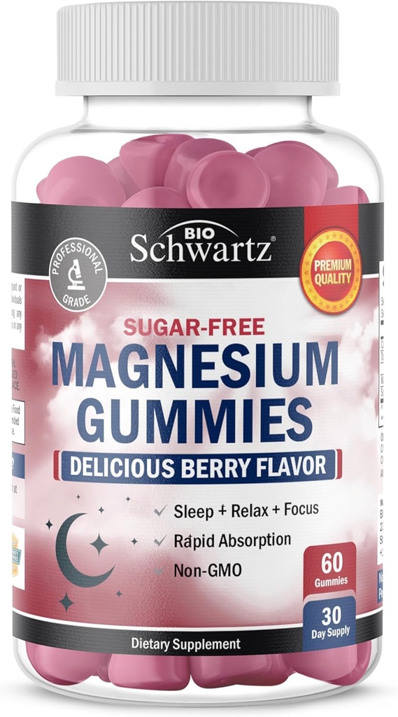 BioSchwartz Zucchero Gratuito Magnesio Gummies (30 Serve) Aroma di bacche Magnesio Citrato Supplemento Supporta Sani Nervi Muscoli Energia Calma Mood e Sonno (Vegan Sicuro, Non OGM, 60 Gummies)