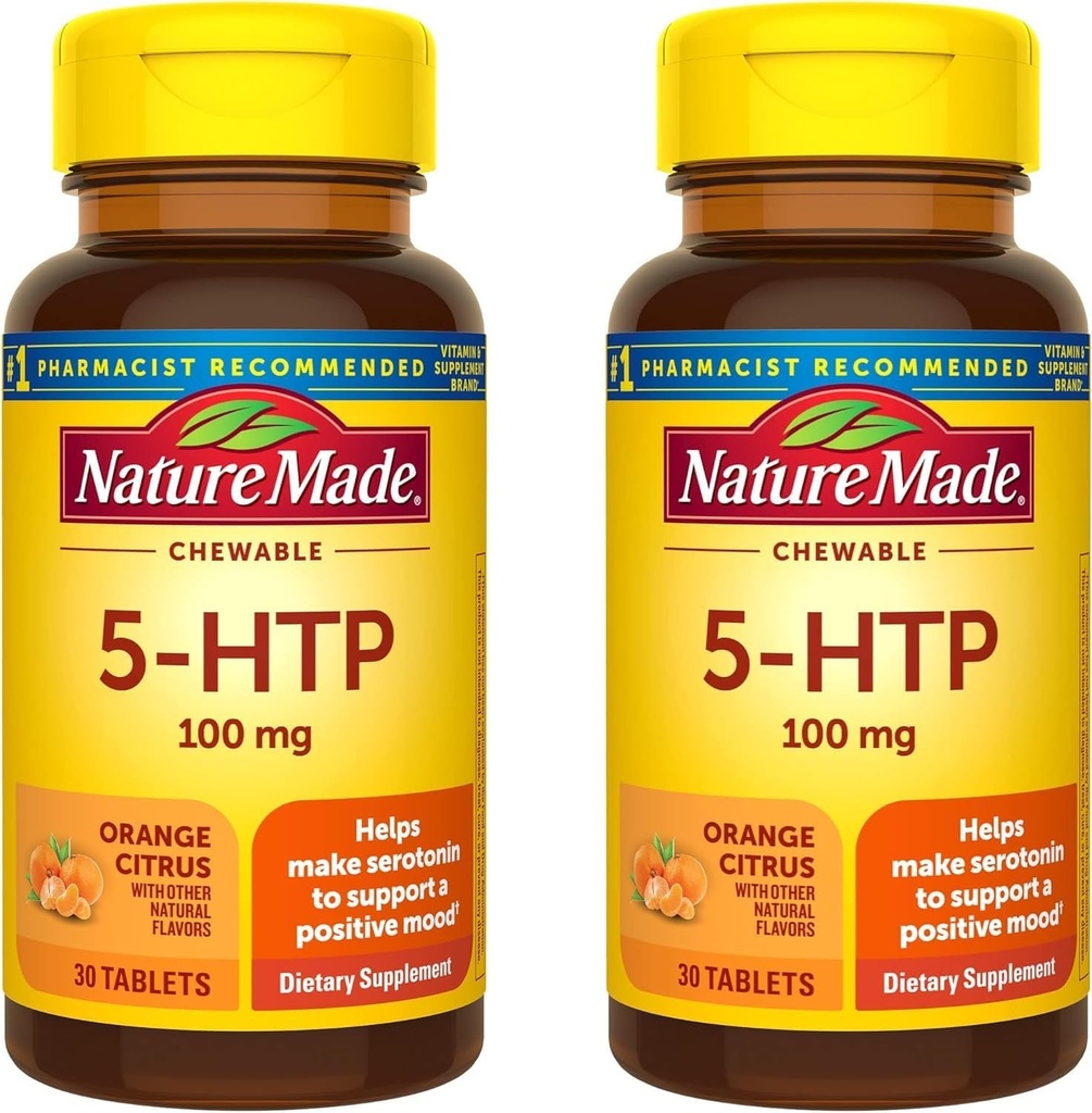 Natura Made Chewable 5HTP 100mg, 5-HTP Mood Support Supplemento, 30 5 HTP Chewable Tablets, 30 giorni di alimentazione (pacchetto di 2)