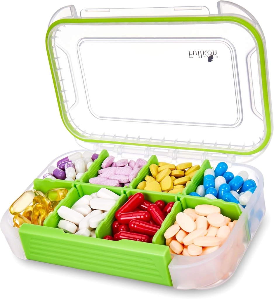 Fullicon Large Pill Organizer con 8 scomparti, Moisture Proof Travel Pill Box with Removable Divider, Daily Pill Container with Lables, Pill Case for Vitamin, Fish Oil, Supplemento (Clear Green)