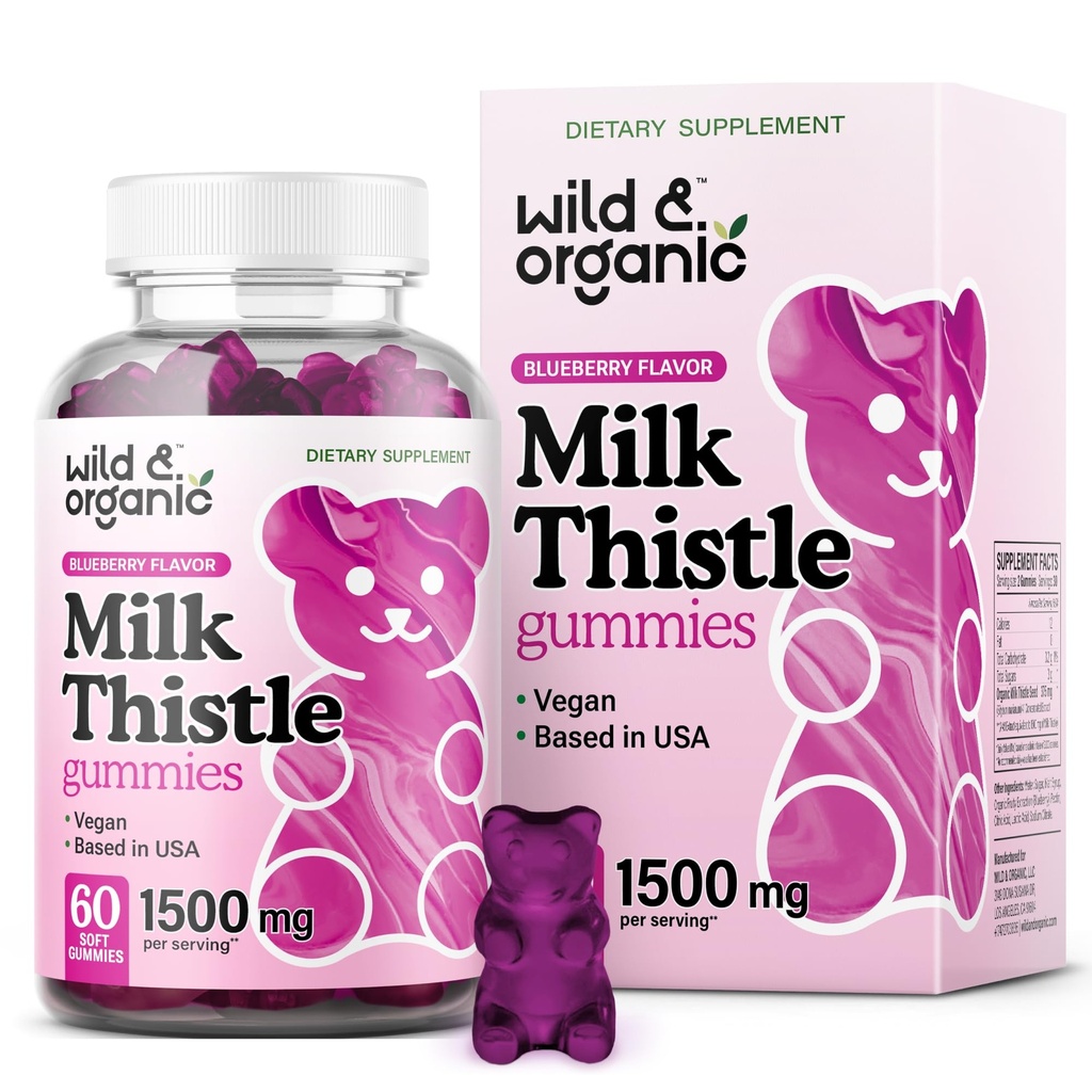 Wild & Organic Milk Thistle Gummies 1500 mg - Integratore di cardo al latte per disintossicazione del fegato - Gummie del disintossico del fegato del silimarin - 30 giorni di alimentazione - 60 Vegan, Chews non OGM