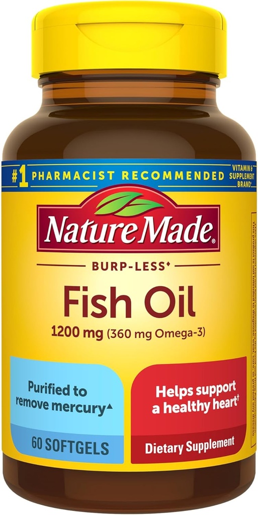 Natura fatta Burp Meno Pesce Olio Omega 3 Integratori, 1200 mg Softgels, EPA DHA Omega 3 Fish Oil Integratori per il sostegno sano del cuore, 60 Softgels, 30 giorni di alimentazione