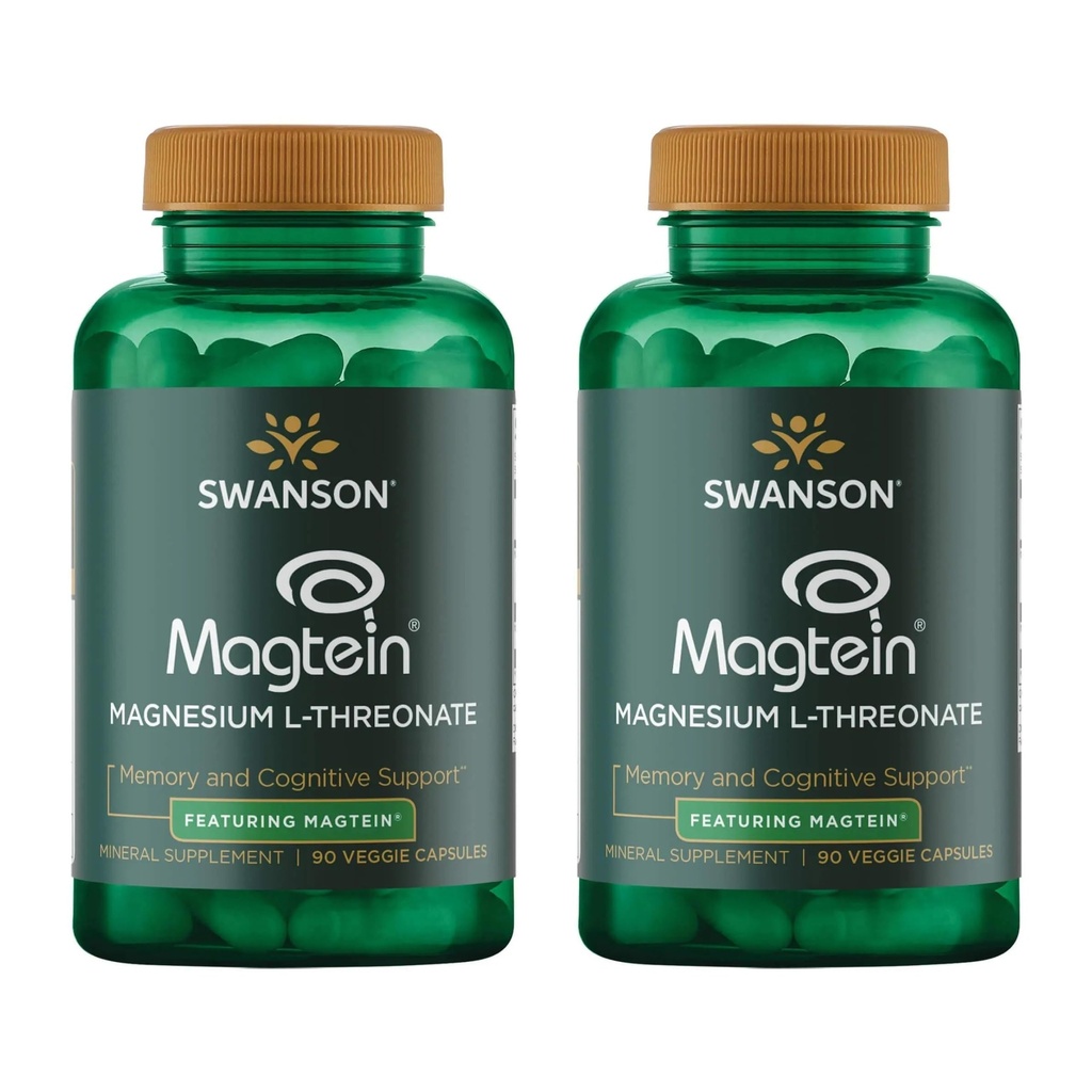 Swanson Magnesium L-Threonate - Supplemento minerale Promuovere la salute del sistema nervoso - Può sostenere la salute cognitiva, l'apprendimento e la memoria - (90 capsule vegetali) (2 Pack)
