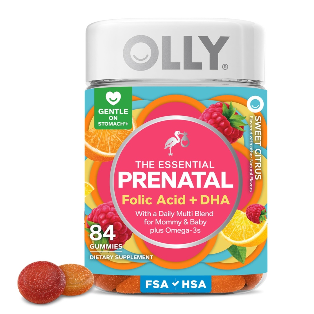 OLLY Essential Prenatal Gummy Multivitamin, Acido Folico, Vitamina D, Omega 3 DHA, Supporta la crescita sana e lo sviluppo del cervello, Citrus Berry - 84 Conte