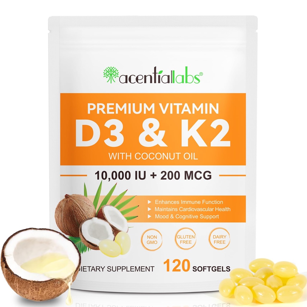 Vitamina D3 K2 Supplemento Softgels, 10000 IU VIT D3 + 200 MCG K2 (MK-7) | Formula 2-in-1 ricostituire con olio di cocco, Supporti in assorbimento di calcio, Facile da ingoiare 120 capsule.