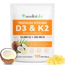 Vitamina D3 K2 Supplemento Softgels, 10000 IU VIT D3 + 200 MCG K2 (MK-7) | Formula 2-in-1 ricostituire con olio di cocco, Supporti in assorbimento di calcio, Facile da ingoiare 120 capsule.