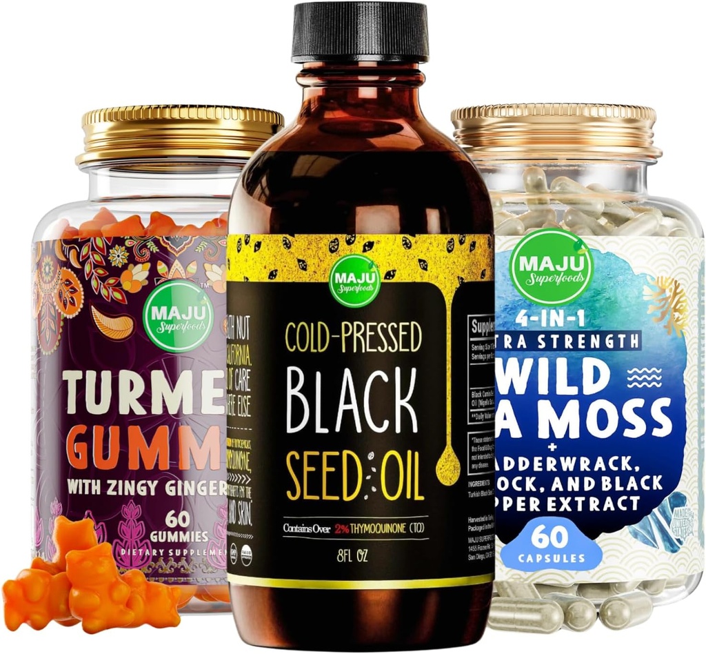 Maju Superfoods Black Seed olio, 4-in-1 Sea Moss capsule e curcuma curcuma Ginger Gummies Bundle