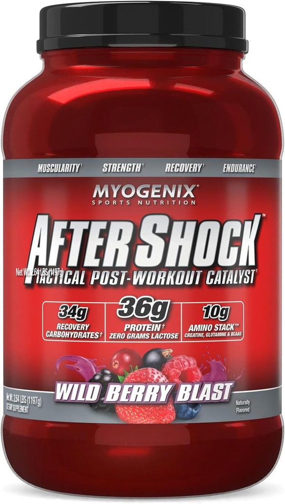 Myogenix Aftershock Post Workout Powder – Proteine del siero con carboidrati per il recupero del muscolo & Refuel – Lama di mirtillo, 3 lbs