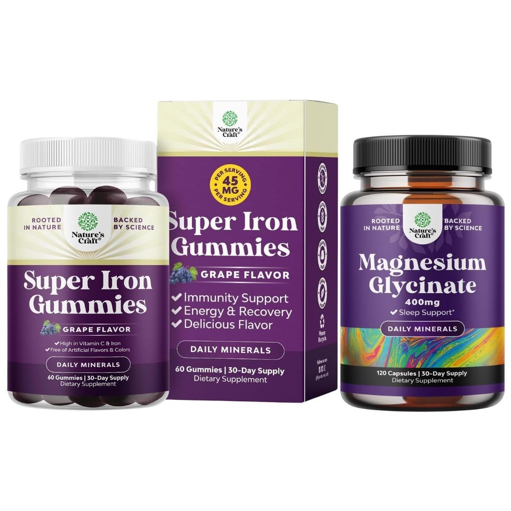 Bundle di Delicious Iron Gummies per le donne e gli uomini - Supplemento di ferro per le donne e gli uomini con vitamina C per l'assorbimento più alto e Magnesio puro Glycinate 400mg Per servire per il sonno del mood e relax