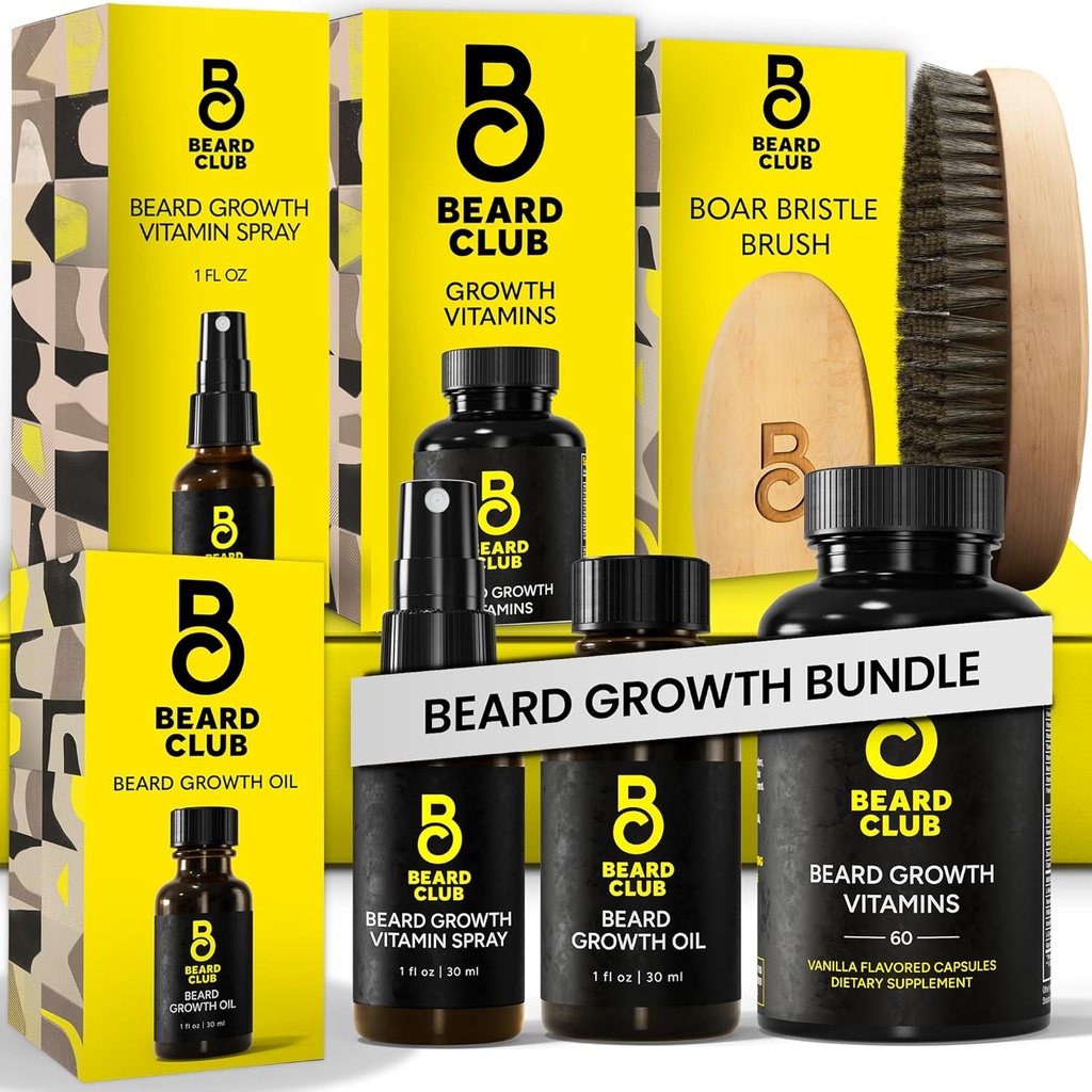 Kit di crescita Beard Club Premium Beard - Olio di crescita, Vitamine, Spray di vitamina & Spazzola di cinghiale - Set regalo