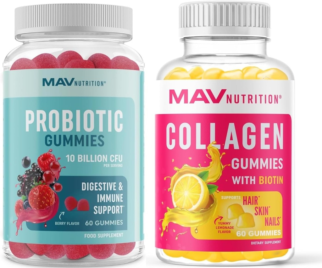 MAV NUTRITION Collagen Gummies for Women and Probiotic Gummies | Hair, Skin, Nails e Gut Health Support with Biotin, Vitamina C, and 5 Billion CFU | 60 Gummies