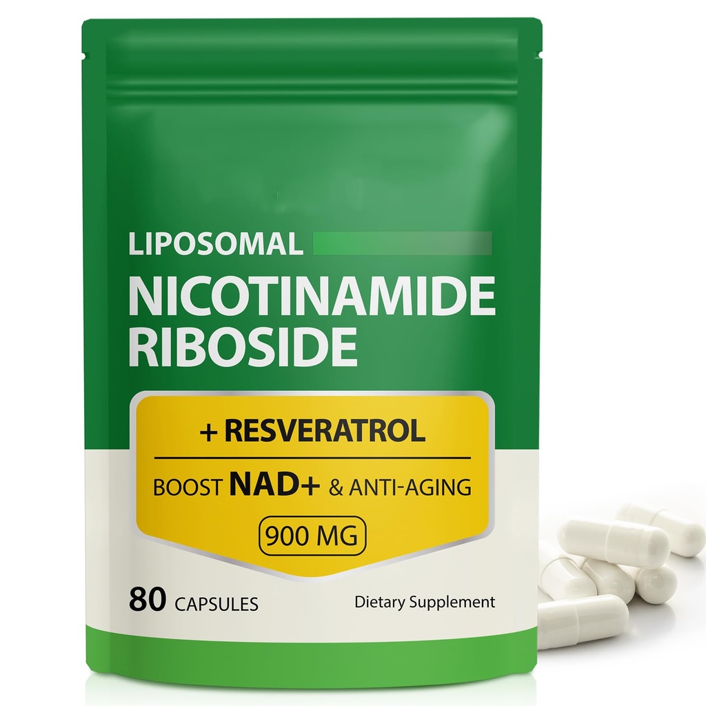 NAD Supplement, 900mg - Liposomal Nicotinamide Riboside NAD+ Supplemento con Resveratrolo Supporta il muscolo, il cervello, l'energia cellulare - NMN supplemento alternativa per gli uomini e le donne, 80 capsule (pacchetto di 1)