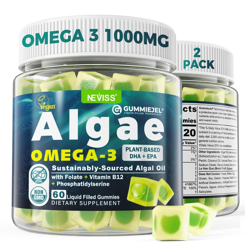 2 Pack Algae Omega 3 Gummies 1000mg, Plant Based DHA 460mg & EPA 230mg, Omega 3 Fish Oil Alternative per adulti, Plus MethylFolate, Vitamina B12, Phosphatidylserine, No Fishy Taste, Vegan, Sugar Free