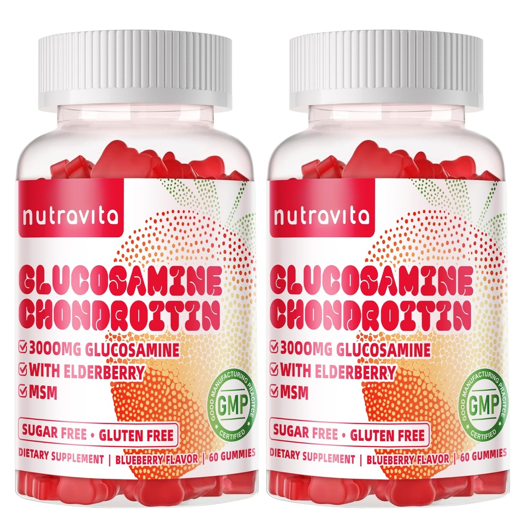 Nutravita Glucosamine Chondroitin Gummies con MSM & Elderberry Extra Strength - Supporto congiunto, Antiossidante Integratore di Supporto Immune per Adulti, Uomini e Donne. 120 Strawberry Chews