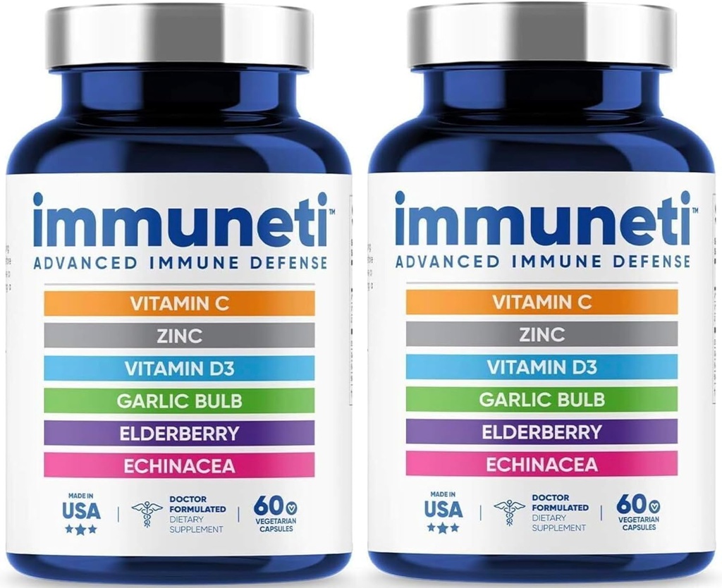 Immuneti - Difesa Immune Avanzata, 6-in-1 Potente Miscela di Vitamina C, Vitamina D3, Zinco, Anziani, Bulbo Aglio, Echinacea - 2 Pack - Supporti Salute complessiva