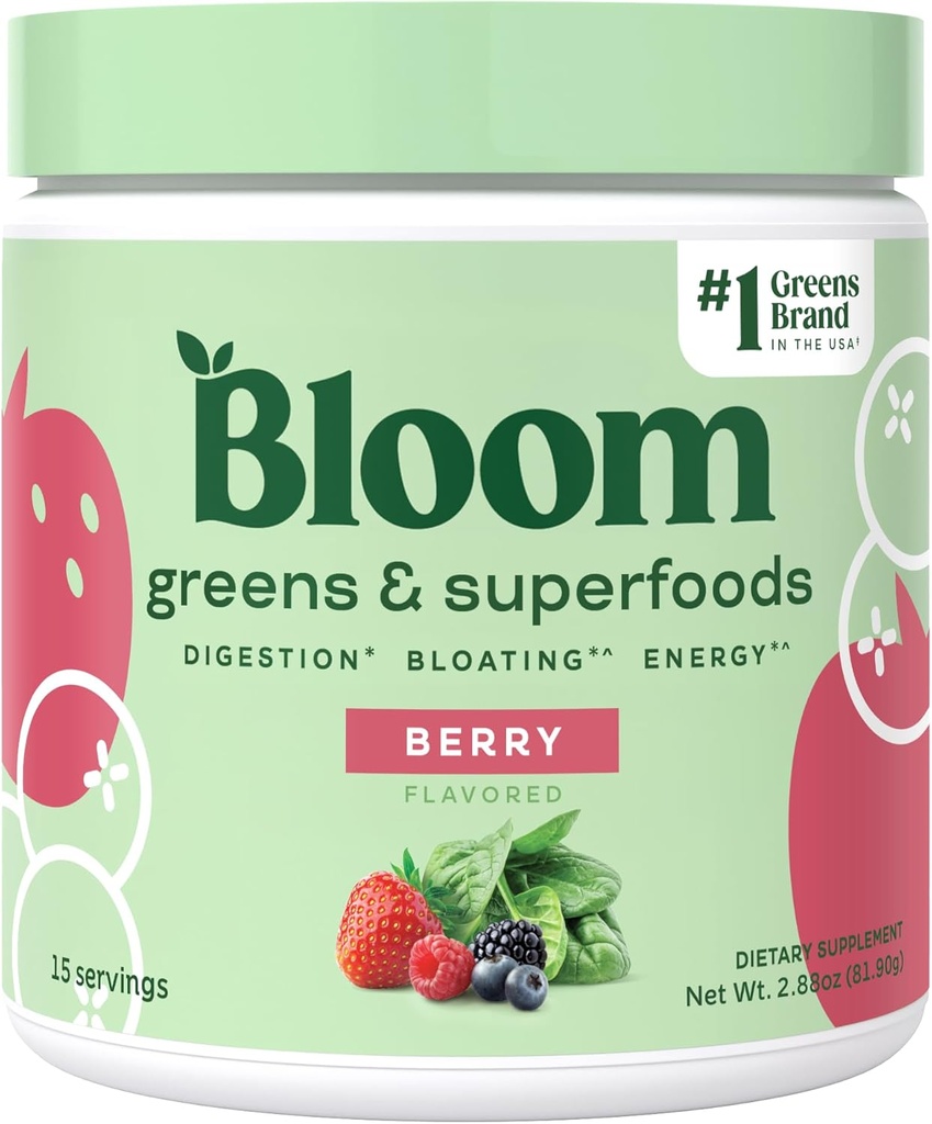 Bloom Nutrition Superfood Greens Powder, Enzimi Digestivi w/Probiotics & Prebiotics, Gut Health, Bloating Relief for Women, Chlorella, 15 SVG (15 Servings (Pack of 1), Berry)