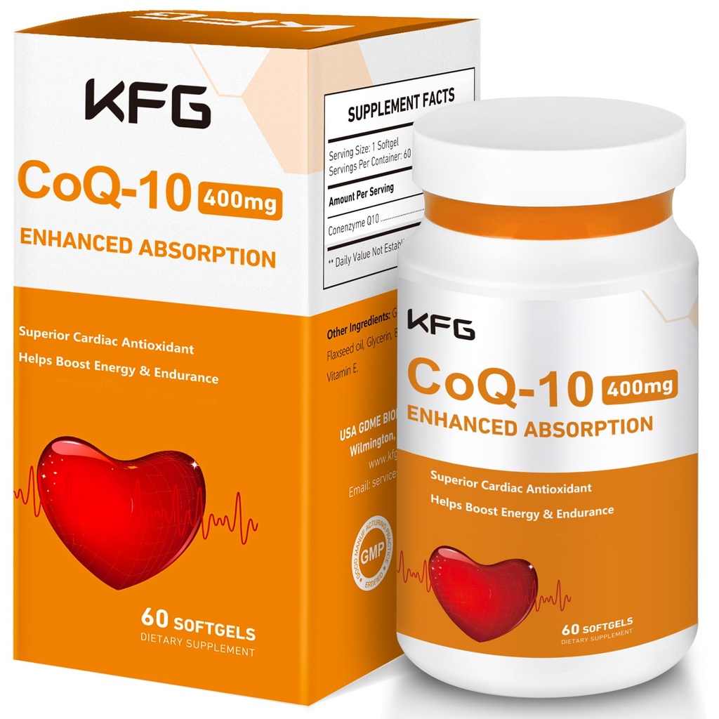 KFG CoQ10 400mg Softgels, Coenzyme Q10 Integratori Supporta la salute del cuore, la salute cardiovascolare, il sistema immunitario e la produzione di energia cellulare, senza glutine
