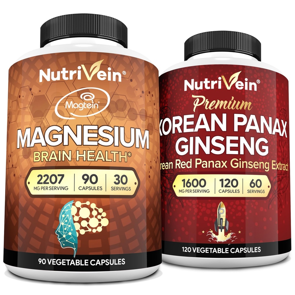 Nutrivein Premium Magnesio L-Threonate & Panax Ginseng Integratore Bundle: Magnesio ad alto assorbimento Threonato e Ginseng Rosso Coppia supplemento per cervello, umore, & Vitality